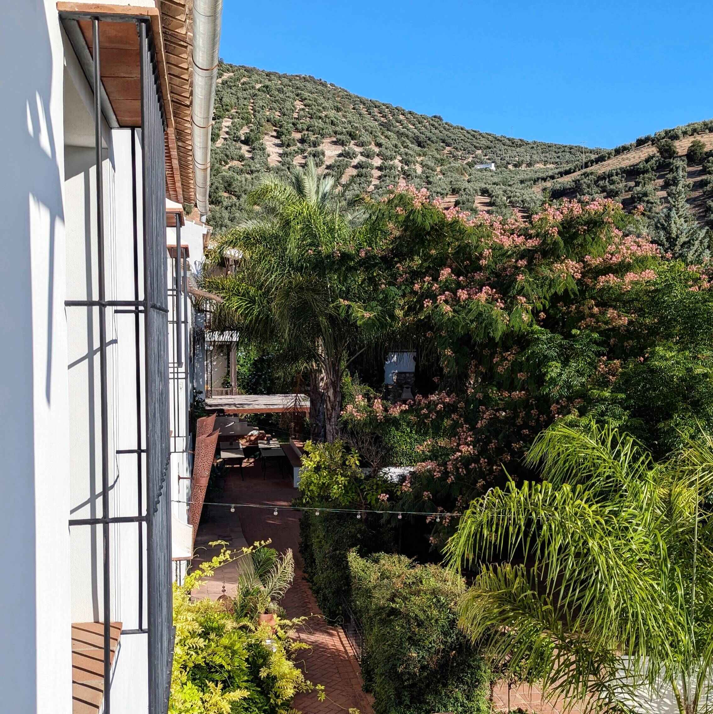 View from top of apartment stairs with views of the courtyard